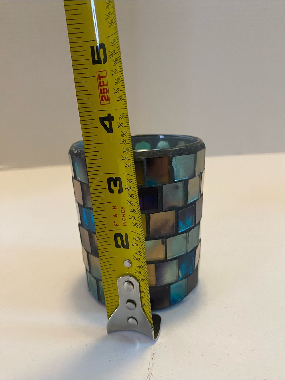 Mosaic candle holder 3.5”x 3” blue, Tan , Teal Multi Colored Glass Votive - Picture 6 of 7